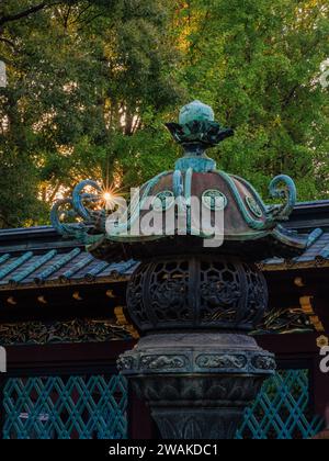 Ein Sonnenschein hebt die kunstvoll geschnitzte und gemusterte Kupferlaterne am toshogu-Schrein im ueno-Park in tokio hervor Stockfoto