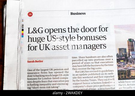 „L&G öffnet die Tür für riesige US-amerikanische Boni für britische Vermögensverwalter' Guardian Zeitung Schlagzeile Investment artikel 18 Dezember 2023 London UK Stockfoto