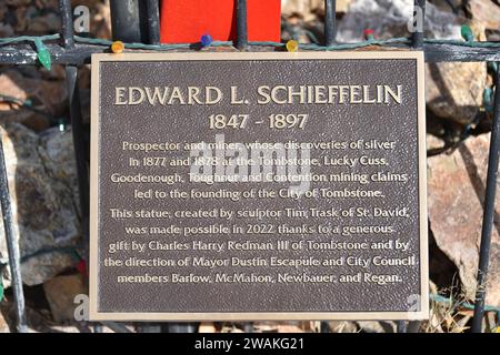 Tombstone, AZ., USA 12/30/2023. Edward Lawrence Schieffelin (1847–1897) war ein wahrer Wanderer; er war ein indischer Pfadfinder und Prospektor. Stockfoto