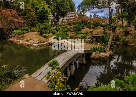 Shukkei-en-Garten in hiroshima Brücken spiegeln sich im stillen Teich, während sich der Weg durch die Miniatur-Landschaft mit herbstlichen Farben schlängelt Stockfoto