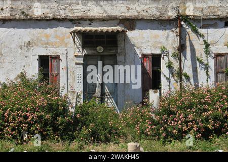 Eine Hausfassade mit verwitterten Fenstern und Türen in der Küstenstadt Jbeil im Libanon. Stockfoto