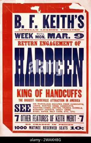 Showplakat - die Rückkehr von Hardeen, König der Handschellen die größte Varieté-Attraktion Amerikas - Hardeen (1876-1945) Vaudeville Show Stockfoto