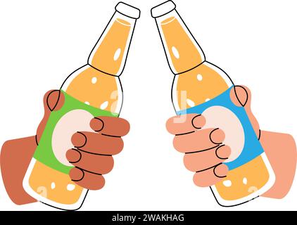 Hände halten Bierflaschen. Bier-Pub-Produkt. Brauprozess, Brauereifabrikproduktion. Vektorabbildung. Stock Vektor