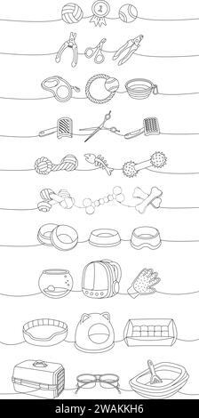 PET-Zubehörset. Kauspielzeug, Ballspielzeug, Medaille, Schere, Nagelschneider, Fellentferner, Aquarium, Rucksackträger, Bandbandleine, tragbare Wasserschale Stock Vektor