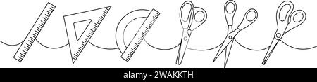 Set mit Schulmaterial. Zurück zur Schule, eine Zeile, durchgehende Zeichnung. Schere, Lineal, Winkelmesser und Dreiecklineal, Messwerkzeug Stock Vektor