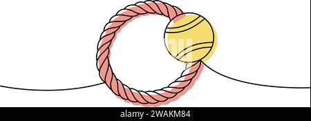 Spielzeug zum Kauen von Hunden mit Plastikkugel, eine Linie farbige durchgehende Zeichnung. Tierzubehör, Tierspielzeug liefert durchgehende einzeilige Illustration. Stock Vektor