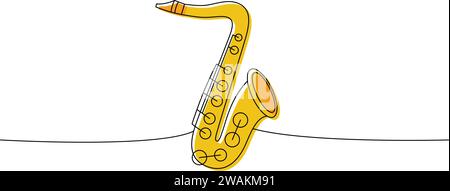 Saxophon, einzeilige, durchgehende Zeichnung. Musikinstrumente durchgehende einzeilige Darstellung. Vektor minimalistische lineare Illustration. Stock Vektor