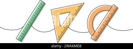 Set mit Schulmaterial. Zurück zur Schule, eine Zeilenzeichnung. Linealmaßstab, Winkelmesser und Dreiecklineal, Messwerkzeug durchgehende Darstellung einer Linie. Stock Vektor