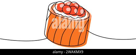 Ikura-Sushi, Tobiko-Maki-Sushi, einzeilige durchgehende Zeichnung. Japanische Küche, traditionelles Essen durchgehende einzeilige Illustration. Stock Vektor