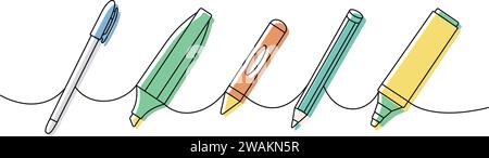 Schulzubehör-Set. Zurück in die Schule, einzeilige, durchgehende Zeichnung. Markierstifte, Bleistifte, Kreidestift, Buntstifte durchgehende einzeilige Illustration. Stock Vektor