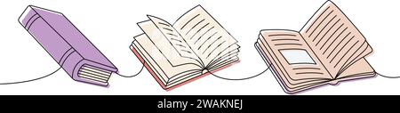 Geöffnete und geschlossene Bücher. Zurück in die Schule, einzeilige, durchgehende Zeichnung. Durchgehende einzeilige Illustration für Schulzubehör. Stock Vektor