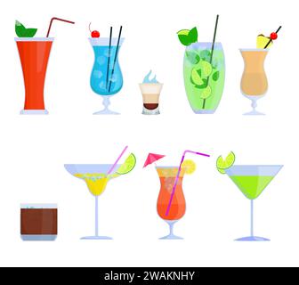 Tropische Cocktails, Saft, Glas-Set isoliert auf weißem Hintergrund. Alkoholische Cocktails Bloody Mary, Mojito, Pina Colada, Margarita usw. Vect Stock Vektor