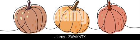 Halloween Kürbisse. Satz Kürbisse, eine Linie farbige, durchgehende Zeichnung. Herbst halloween Gemüse durchgehende 1-zeilige Illustration. Stock Vektor