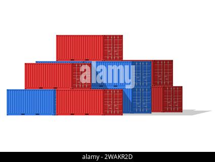 Ladungscontainer-Stapel für Fracht- und Seeverkehr isoliert auf weißem Hintergrund. Seehafen Logistik und Transport Vektor Illustration Stock Vektor