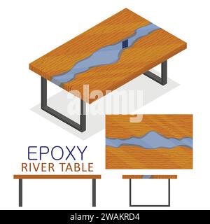 Geeignet aus Holz und transparentem Epoxidharz. Isometrische Epoxid Fluss Tisch Möbel Loft Design Stil isoliert auf weißem Hintergrund. Vektorillustrat Stock Vektor