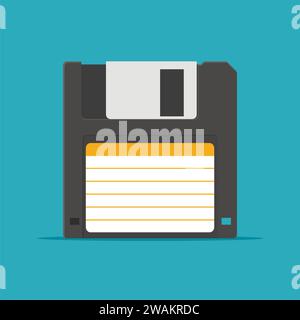 Schwarzes Diskettensymbol in flacher Form isoliert auf blauem Hintergrund. HD-Diskette alte Datenträger. Vektorabbildung Stock Vektor