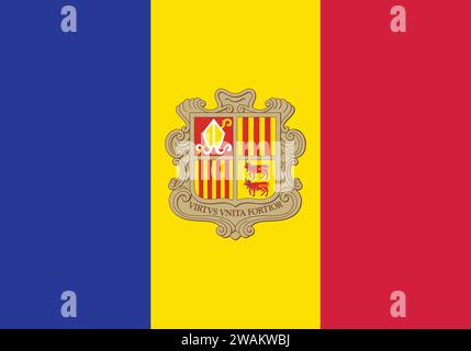 Detaillierte Flagge von Andorra. Nationale Flagge Andorras. Europa. 3D-Abbildung. Stock Vektor