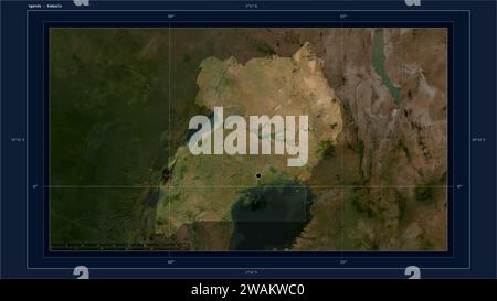 Uganda wird auf einer niedrig auflösenden Satellitenkarte mit dem Hauptpunkt des Landes, kartographischem Raster, Entfernungsskala und Kartengrenzkoordinate hervorgehoben Stockfoto