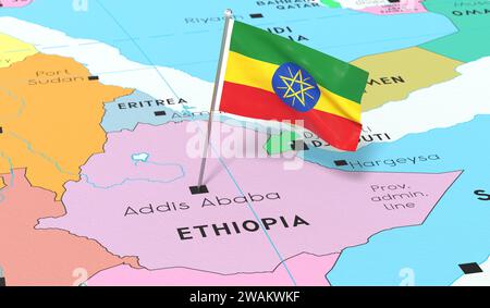 Äthiopien, Addis Abeba - Nationalflagge auf politischer Karte fixiert - 3D-Illustration Stockfoto