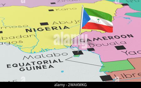 Äquatorialguinea, Malabo - Nationalflagge auf politischer Karte fixiert - 3D-Illustration Stockfoto