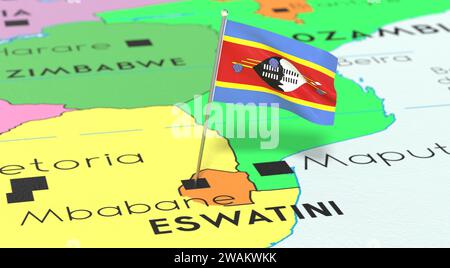 Eswatini - Swasiland, Mbabane - Nationalflagge auf politischer Karte fixiert - 3D-Illustration Stockfoto