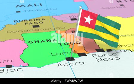 Ghana, Accra - Nationalflagge auf politischer Karte fixiert - 3D-Illustration Stockfoto