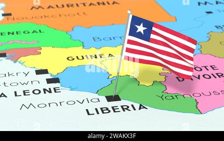 Liberia, Monrovia - Nationalflagge auf politischer Karte fixiert - 3D-Illustration Stockfoto