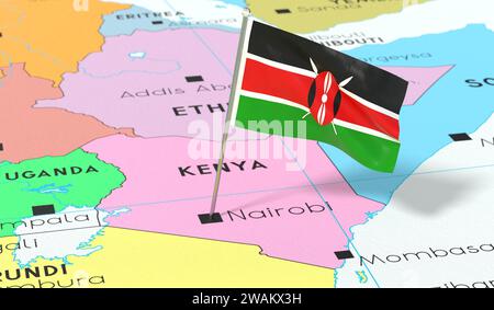 Kenia, Nairobi - Nationalflagge auf politischer Karte fixiert - 3D-Illustration Stockfoto