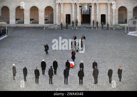 Paris, Frankreich. Januar 2024. Julien Mattia/Le Pictorium - nationale Hommage an Jacques Delors in Les Invalides - 05/01/2024 - France/Ile-de-France (Region)/Paris - feierliche Minute des Präsidenten der Republik Emmanuel Macron, begleitet von ausländischen Staatschefs bei der nationalen Hommage an Herrn Jacques Delors im Hotel National des Invalides, Paris, Januar 2024 Credit: LE PICTORIUM/Alamy Live News Stockfoto