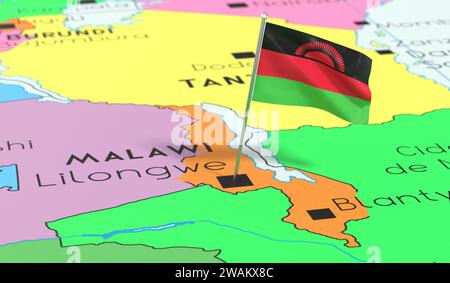 Malawi, Lilongwe - Nationalflagge auf politischer Karte fixiert - 3D-Illustration Stockfoto