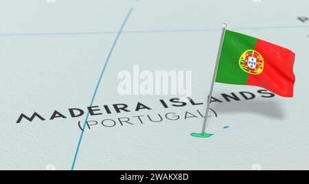 Madeira-Inseln - Nationalflagge auf politischer Karte befestigt - 3D-Illustration Stockfoto