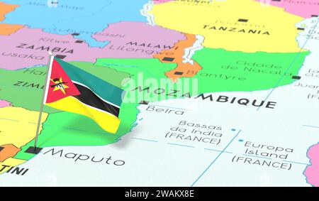 Mosambik, Maputo - Nationalflagge auf politischer Karte fixiert - 3D-Illustration Stockfoto