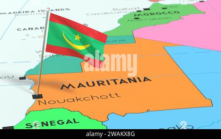 Mauretanien, Nouakchott - Nationalflagge auf politischer Karte befestigt - 3D-Illustration Stockfoto