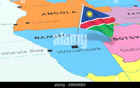 Namibia, Windhoek - Nationalflagge auf politischer Karte fixiert - 3D-Illustration Stockfoto