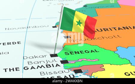 Senegal, Dakar - Nationalflagge auf politischer Karte fixiert - 3D-Illustration Stockfoto