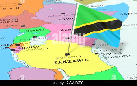 Tansania, Dodoma - Nationalflagge auf politischer Karte fixiert - 3D-Illustration Stockfoto