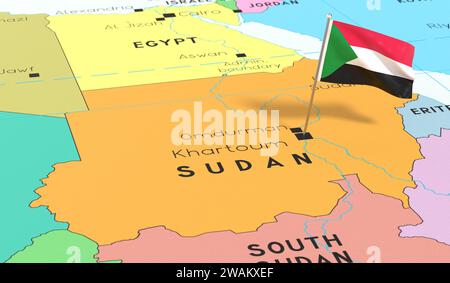 Sudan, Khartum - Nationalflagge auf politischer Karte fixiert - 3D-Illustration Stockfoto