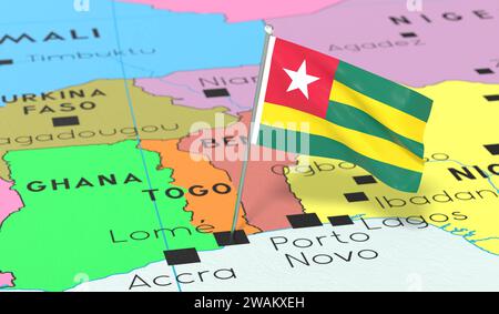 Togo, Lome - Nationalflagge auf politischer Karte fixiert - 3D-Illustration Stockfoto