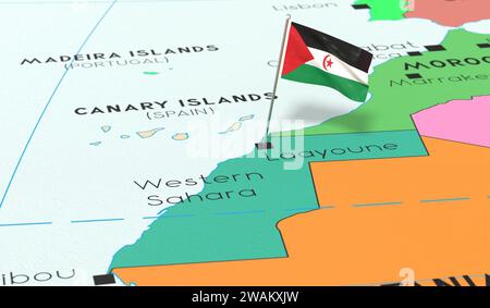 Westsahara, Laayoune - Nationalflagge auf politischer Karte fixiert - 3D-Illustration Stockfoto