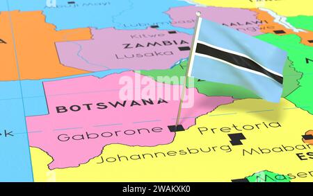 Botswana, Gaborone - Nationalflagge auf politischer Karte fixiert - 3D-Illustration Stockfoto