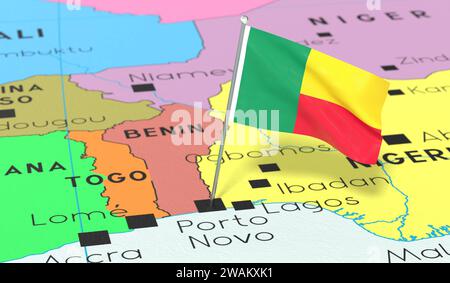 Benin, Porto Novo - Nationalflagge auf politischer Karte fixiert - 3D-Illustration Stockfoto