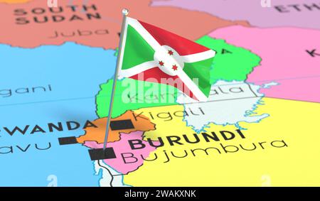 Burundi, Bujumbura - Nationalflagge auf politischer Karte befestigt - 3D-Illustration Stockfoto