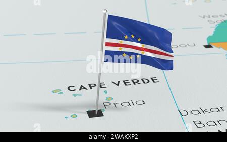 Kap Verde, Praia - Nationalflagge auf politischer Karte fixiert - 3D-Illustration Stockfoto