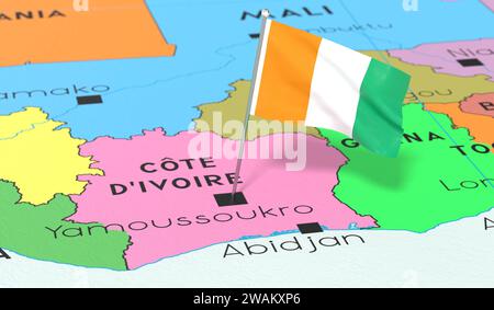 Elfenbeinküste, Yamoussoukro - Nationalflagge auf politischer Karte befestigt - 3D-Illustration Stockfoto