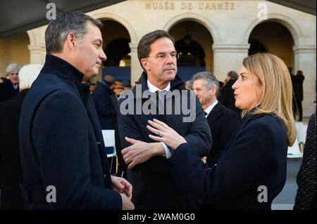 Paris, Frankreich. Januar 2024. Der belgische Premierminister Alexander de Croo, der niederländische Premierminister Mark Rutte und die Präsidentin des Europäischen Parlaments Roberta Metsola während einer nationalen Hommage an den ehemaligen französischen Finanzminister und ehemaligen Präsidenten der Europäischen Kommission Jacques Delors am 5. Januar 2024 im Hotel des Invalides in Paris, Frankreich. Jacques Delors ist im Alter von 98 Jahren gestorben. Foto: Eric Tschaen/Pool/ABACAPRESS.COM Credit: Abaca Press/Alamy Live News Stockfoto