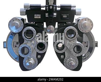 Stillleben eines Phoropter-Präzisions-Augenuntersuchungsgeräts, fotografiert in einer Arztpraxis Stockfoto