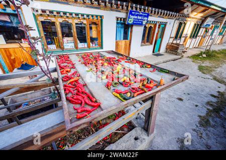 Sonnengetrocknete rote Chilis wurden im Freien vor einem Geschäft in Chamkhar Town, Bumthang, in der zentralöstlichen Region Bhutans, getrocknet Stockfoto