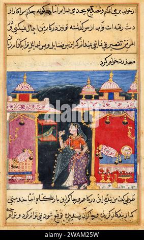 Der Papagei spricht zu Beginn der siebten Nacht an Khujasta aus einem Tuti-nama (Geschichten eines Papageeis). c. 1560. Mogul Indien, Gericht von Akbar. Stockfoto