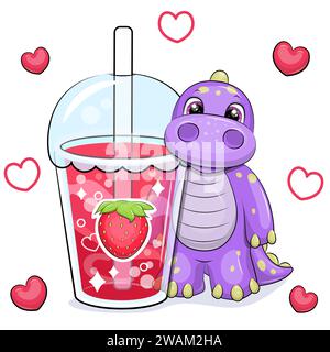 Niedlicher lila Cartoon Dinosaurier mit einem großen Erdbeergetränk. Vektor-Illustration von Tier und einer Tasse rotem Wasser auf weißem Hintergrund mit roten Herzen. Stock Vektor