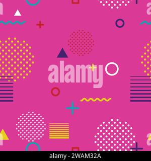 Abstraktes geometrisches nahtloses Muster im Memphis-Stil auf rosa Hintergrund. Modische Trends der 80er bis 90er Jahre, funkige Retro-Grafik mit geometrischen Formen. Ap Stock Vektor